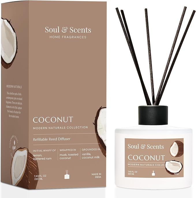 Reed Diffuser Set – Coconut | 7.43 oz Refillable Scented Oil with 6 Fiber Sticks | Long-Lasting Home Fragrance & Air, product
