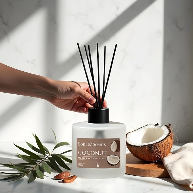 Reed Diffuser Set – Coconut | 7.43 oz Refillable Scented Oil with 6 Fiber Sticks | Long-Lasting Home Fragrance & Air