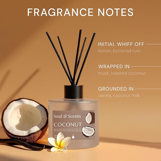 Reed Diffuser Set – Coconut | 7.43 oz Refillable Scented Oil with 6 Fiber Sticks | Long-Lasting Home Fragrance & Air