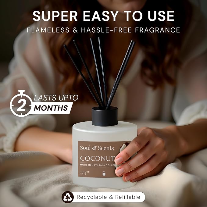 Reed Diffuser Set – Coconut | 7.43 oz Refillable Scented Oil with 6 Fiber Sticks | Long-Lasting Home Fragrance & Air