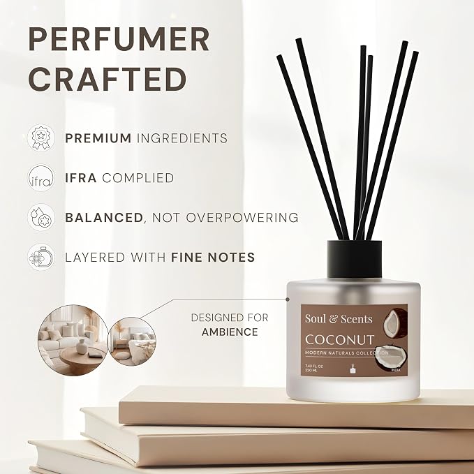 Reed Diffuser Set – Coconut | 7.43 oz Refillable Scented Oil with 6 Fiber Sticks | Long-Lasting Home Fragrance & Air