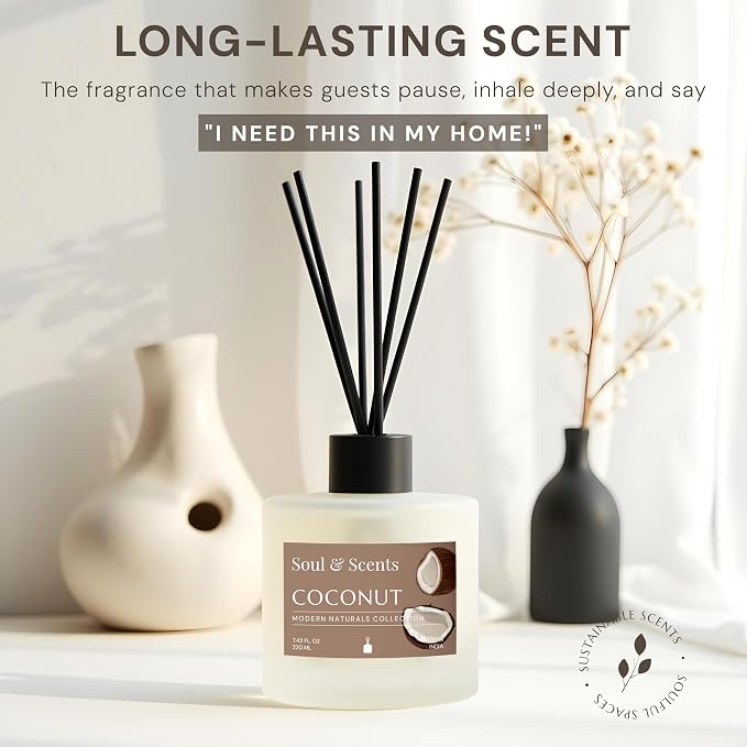 Reed Diffuser Set – Coconut | 7.43 oz Refillable Scented Oil with 6 Fiber Sticks | Long-Lasting Home Fragrance & Air