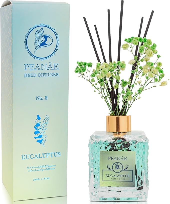 Reed Diffuser Set - Eucalyptus Mint Oil, Oil Diffuser Sticks, Bathroom Diffuser, Bathroom Decor, 200ml with Preserved Flowers