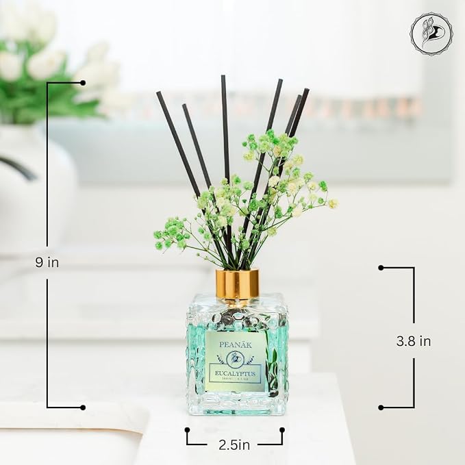 Reed Diffuser Set - Eucalyptus Mint Oil, Oil Diffuser Sticks, Bathroom Diffuser, Bathroom Decor, 200ml with Preserved Flowers