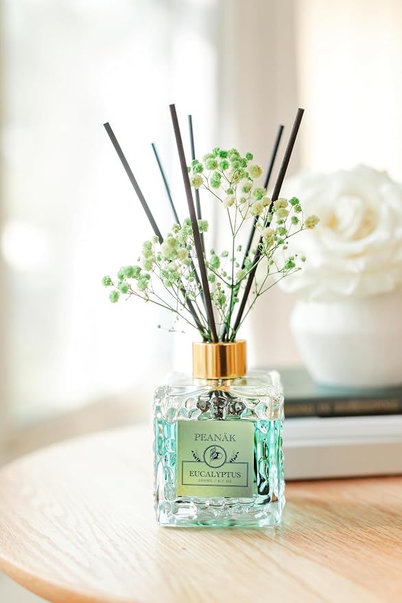 Reed Diffuser Set - Eucalyptus Mint Oil, Oil Diffuser Sticks, Bathroom Diffuser, Bathroom Decor, 200ml with Preserved Flowers