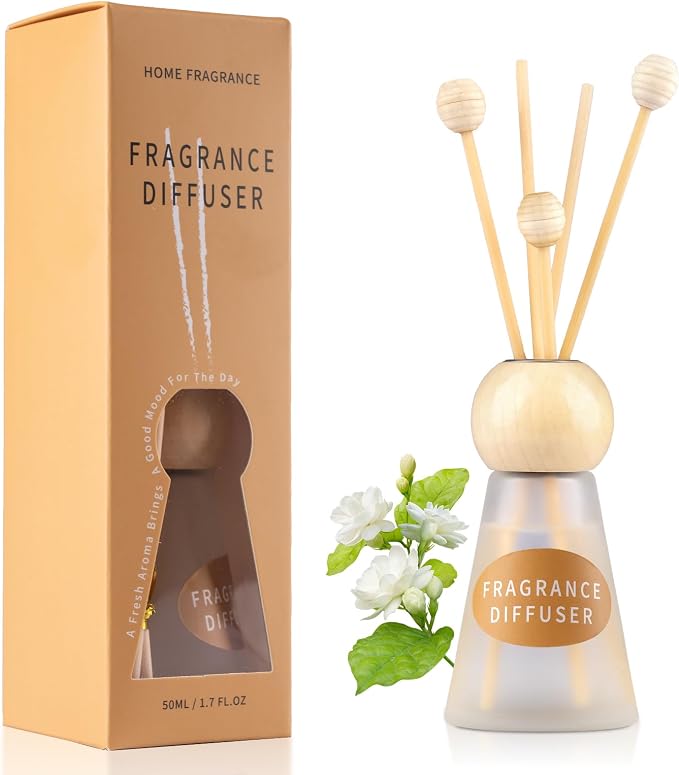 Reed Diffuser Set, Evening Gardenia Scent with Reed Sticks, 1.7 fl oz / 50ml Cone-Shaped Bottle with Round Wooden Cap