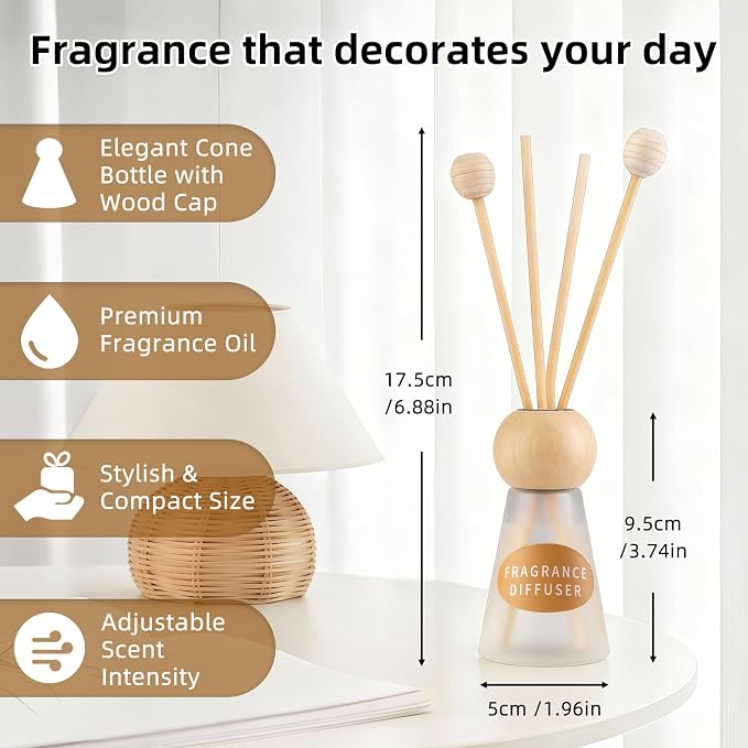 Reed Diffuser Set, Evening Gardenia Scent with Reed Sticks, 1.7 fl oz / 50ml Cone-Shaped Bottle with Round Wooden Cap
