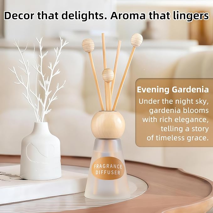 Reed Diffuser Set, Evening Gardenia Scent with Reed Sticks, 1.7 fl oz / 50ml Cone-Shaped Bottle with Round Wooden Cap