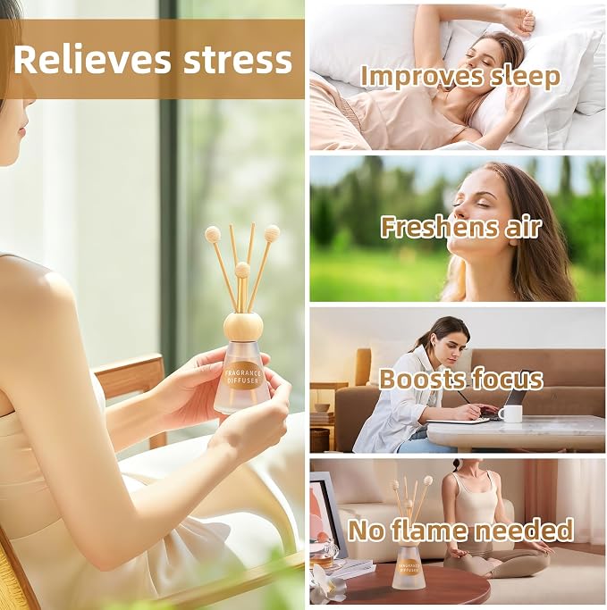 Reed Diffuser Set, Evening Gardenia Scent with Reed Sticks, 1.7 fl oz / 50ml Cone-Shaped Bottle with Round Wooden Cap