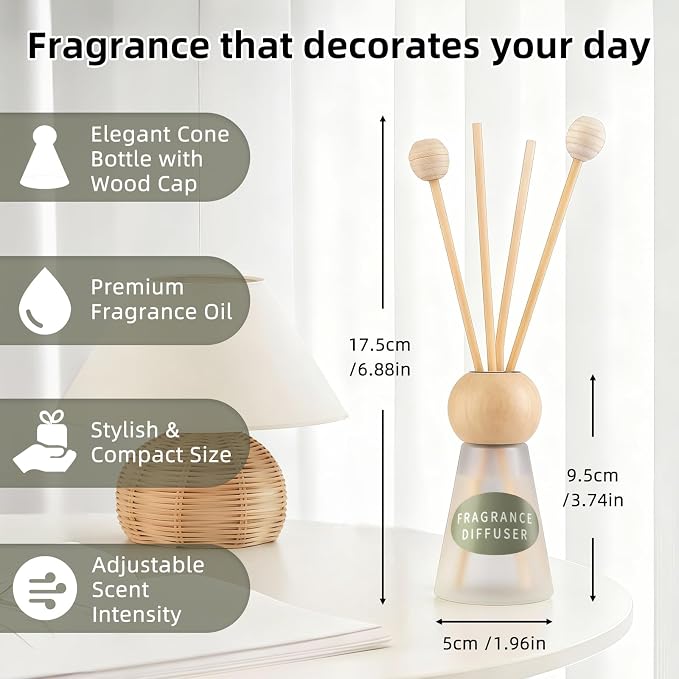 Reed Diffuser Set, Freesia Scent with Reed Sticks, 1.7 fl oz / 50ml Cone-Shaped Bottle with Round Wooden Cap, Ideal for