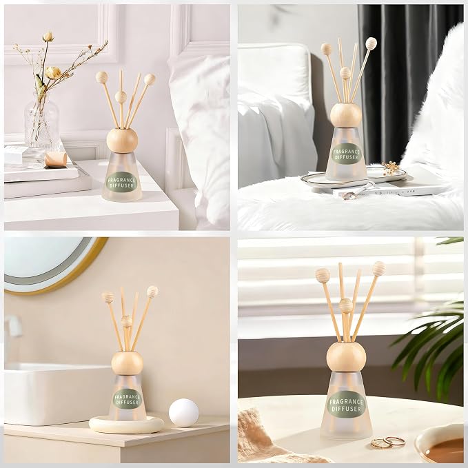 Reed Diffuser Set, Freesia Scent with Reed Sticks, 1.7 fl oz / 50ml Cone-Shaped Bottle with Round Wooden Cap, Ideal for