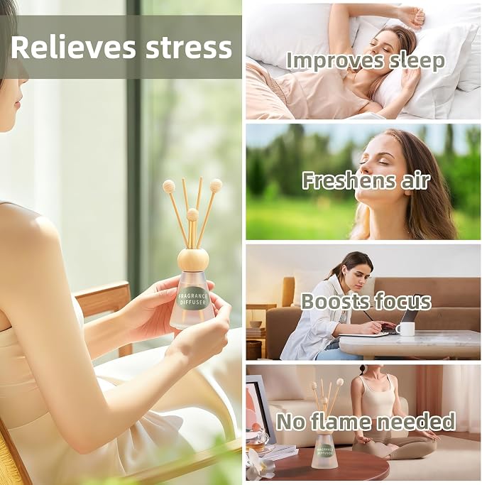 Reed Diffuser Set, Freesia Scent with Reed Sticks, 1.7 fl oz / 50ml Cone-Shaped Bottle with Round Wooden Cap, Ideal for