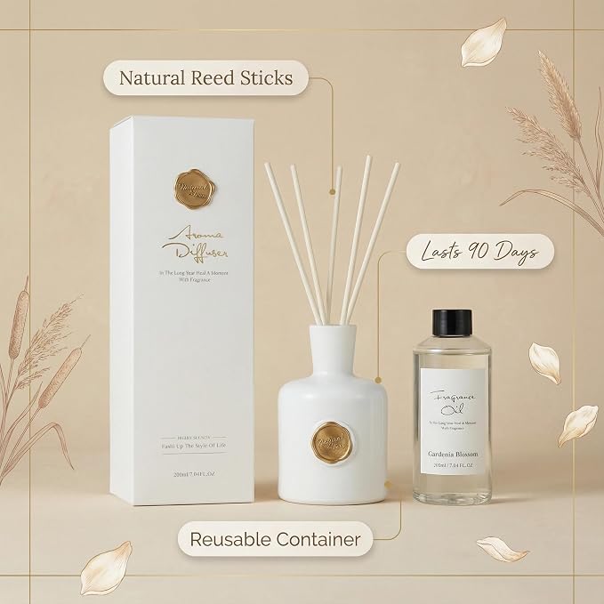 Reed Diffuser Set-Gardenia-Strong Scent, Long-Lasting Evaporation with Natural Reed Sticks & Essential Oils, alternate