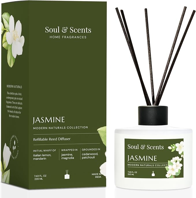Reed Diffuser Set – Jasmine | 7.43 oz Refillable Scented Oil with 6 Fiber Sticks | Long-Lasting Home Fragrance & Air, product