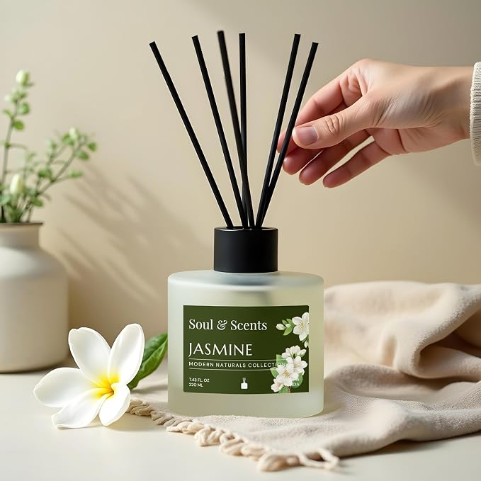 Reed Diffuser Set – Jasmine | 7.43 oz Refillable Scented Oil with 6 Fiber Sticks | Long-Lasting Home Fragrance & Air