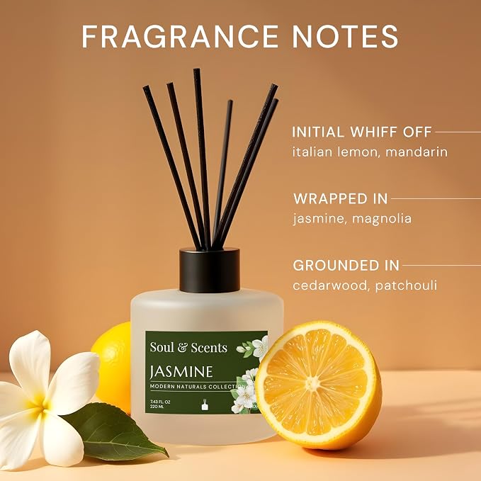 Reed Diffuser Set – Jasmine | 7.43 oz Refillable Scented Oil with 6 Fiber Sticks | Long-Lasting Home Fragrance & Air