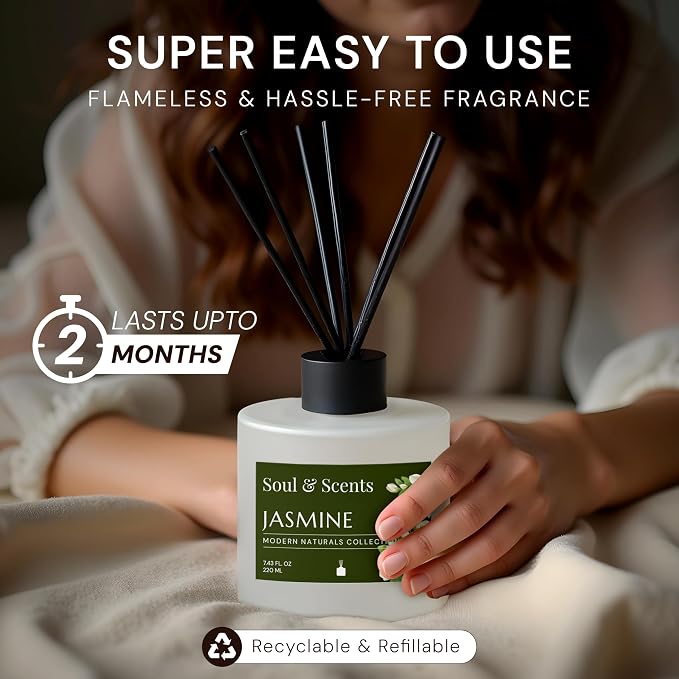 Reed Diffuser Set – Jasmine | 7.43 oz Refillable Scented Oil with 6 Fiber Sticks | Long-Lasting Home Fragrance & Air