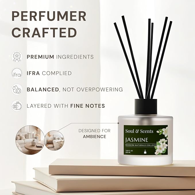 Reed Diffuser Set – Jasmine | 7.43 oz Refillable Scented Oil with 6 Fiber Sticks | Long-Lasting Home Fragrance & Air