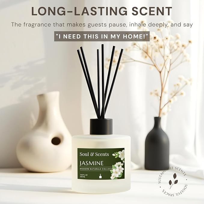 Reed Diffuser Set – Jasmine | 7.43 oz Refillable Scented Oil with 6 Fiber Sticks | Long-Lasting Home Fragrance & Air