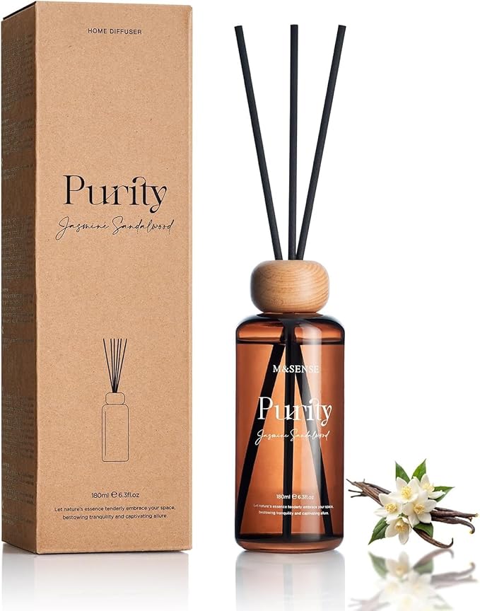 Reed Diffuser Set, Jasmine Sandalwood Scented 6.3 fl oz Natural Essential Oil Diffusers with Sticks, product image