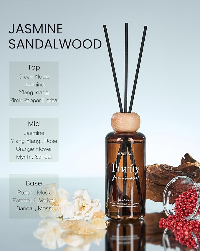 Reed Diffuser Set, Jasmine Sandalwood Scented 6.3 fl oz Natural Essential Oil Diffusers with Sticks, alternate product view 2