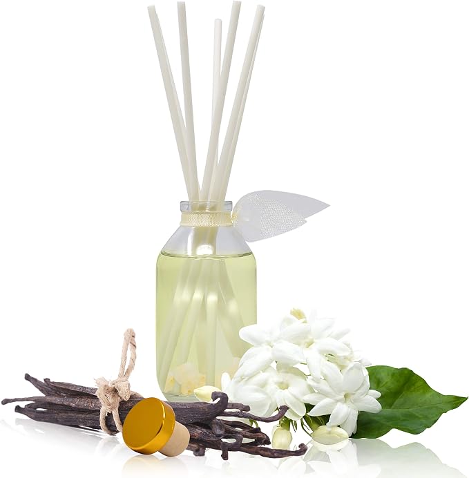Reed Diffuser Set, Jasmine Vanilla Scented Oil Diffuser with Sticks, Home Fragrance Accessories for Bathroom Shelf Decor