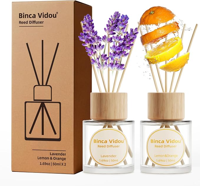 Reed Diffuser Set, Lavender Orange & Lemon Natural Scent Oil Diffusers with Sticks for Home Office Bathroom Aromatherapy