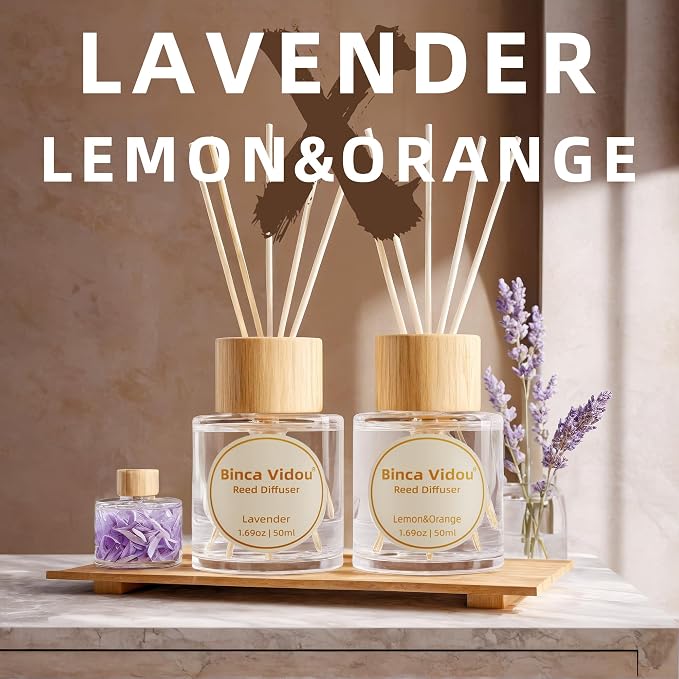 Reed Diffuser Set, Lavender Orange & Lemon Natural Scent Oil Diffusers with Sticks for Home Office Bathroom Aromatherapy