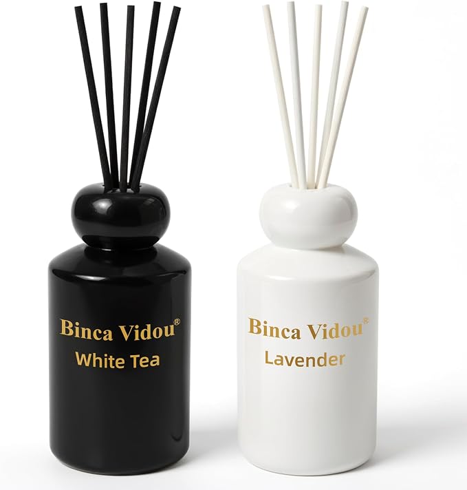 Reed Diffuser Set, Lavender & White Tea Natural Scent Oil Diffusers with Sticks for Home Office Bathroom Aromatherapy Decor