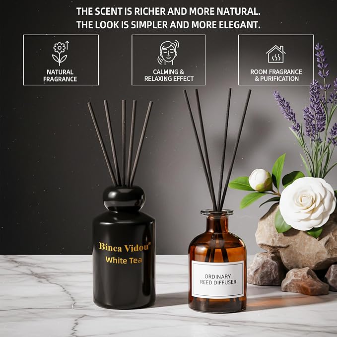 Reed Diffuser Set, Lavender & White Tea Natural Scent Oil Diffusers with Sticks for Home Office Bathroom Aromatherapy Decor