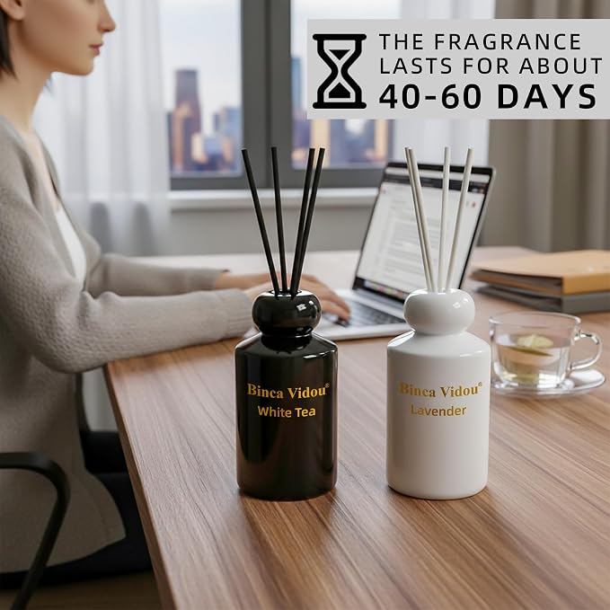 Reed Diffuser Set, Lavender & White Tea Natural Scent Oil Diffusers with Sticks for Home Office Bathroom Aromatherapy Decor