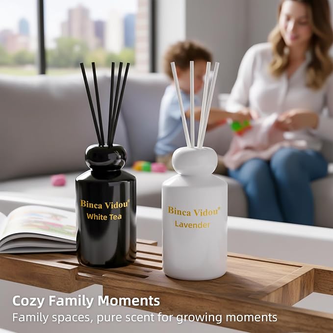 Reed Diffuser Set, Lavender & White Tea Natural Scent Oil Diffusers with Sticks for Home Office Bathroom Aromatherapy Decor