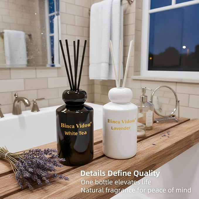 Reed Diffuser Set, Lavender & White Tea Natural Scent Oil Diffusers with Sticks for Home Office Bathroom Aromatherapy Decor