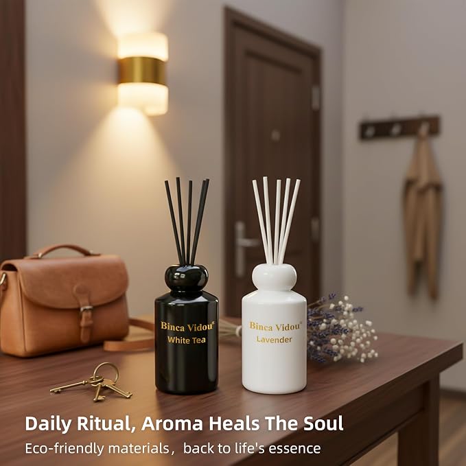 Reed Diffuser Set, Lavender & White Tea Natural Scent Oil Diffusers with Sticks for Home Office Bathroom Aromatherapy Decor