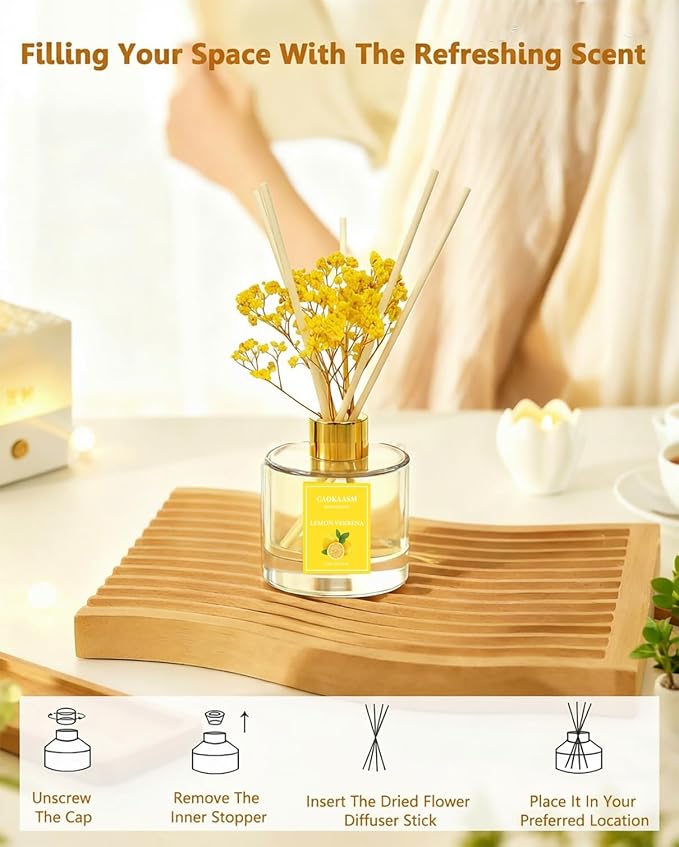 Reed Diffuser Set-Lemon Verbena Scent Fragrance Oil Diffuser with 6 Reed Sticks | Home & Bedroom Bathroom Decor,3.38 fl oz