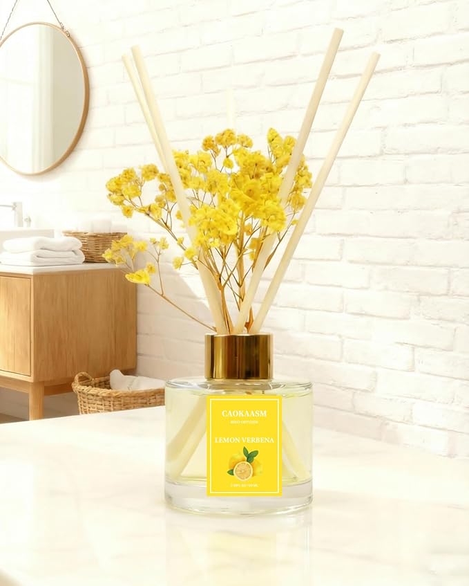 Reed Diffuser Set-Lemon Verbena Scent Fragrance Oil Diffuser with 6 Reed Sticks | Home & Bedroom Bathroom Decor,3.38 fl oz