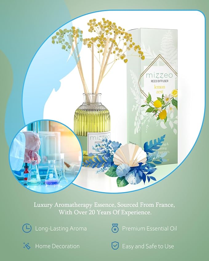 Reed Diffuser Set, Lemon Zest 6.76 fl oz Highly Scented Room Diffuser Home Fragrance Essential Oil Reed Flower Diffuser
