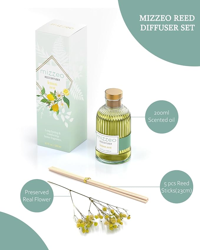 Reed Diffuser Set, Lemon Zest 6.76 fl oz Highly Scented Room Diffuser Home Fragrance Essential Oil Reed Flower Diffuser