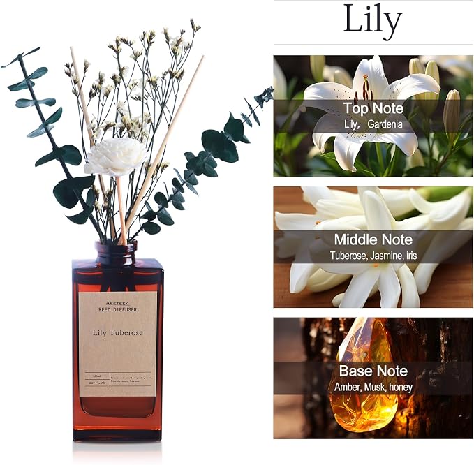Reed Diffuser Set - Lily Tuberose Essential Oil, 5.07oz/150ml Floral Aroma Oils Scents with Flower Decoration and Rattan
