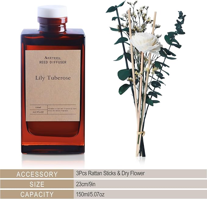 Reed Diffuser Set - Lily Tuberose Essential Oil, 5.07oz/150ml Floral Aroma Oils Scents with Flower Decoration and Rattan