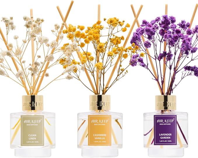Reed Diffuser Set of 3,Clean Linen Cashmere Vanilla Lavender Garden Oil Reed Diffusers for Bedroom Living Room Office