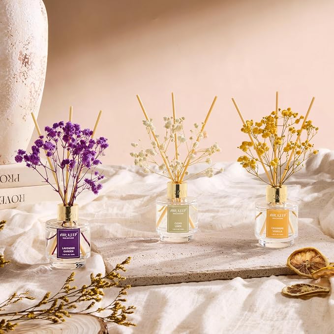 Reed Diffuser Set of 3,Clean Linen Cashmere Vanilla Lavender Garden Oil Reed Diffusers for Bedroom Living Room Office