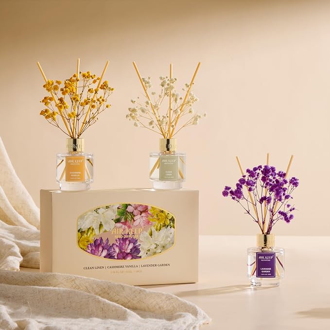 Reed Diffuser Set of 3,Clean Linen Cashmere Vanilla Lavender Garden Oil Reed Diffusers for Bedroom Living Room Office