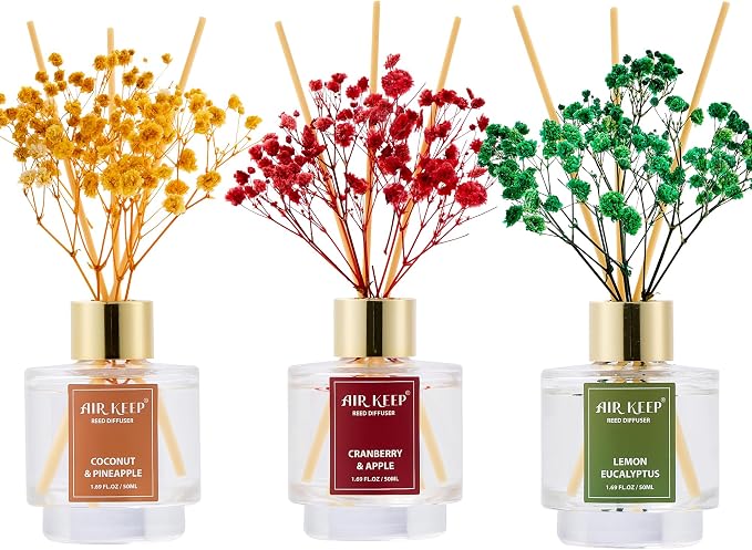 Reed Diffuser Set of 3, Coconut Pineapple Lemon Eucalyptus Cranberry Apple Oil Reed Diffusers for Bedroom Living Room Office