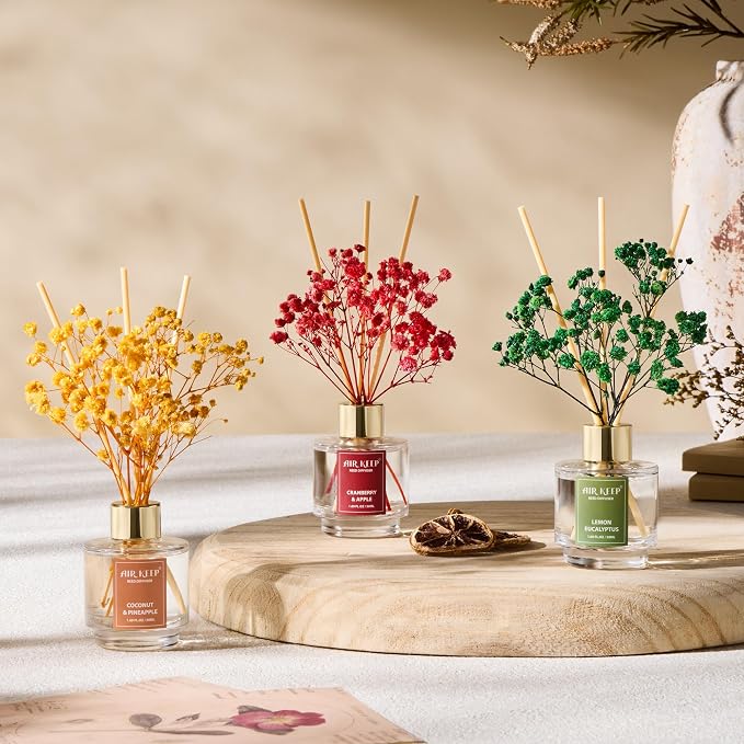 Reed Diffuser Set of 3, Coconut Pineapple Lemon Eucalyptus Cranberry Apple Oil Reed Diffusers for Bedroom Living Room Office