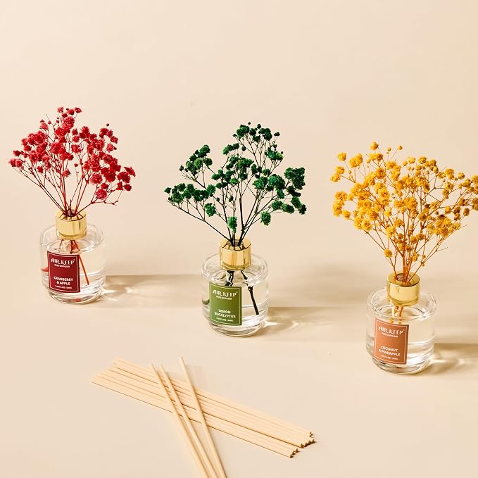 Reed Diffuser Set of 3, Coconut Pineapple Lemon Eucalyptus Cranberry Apple Oil Reed Diffusers for Bedroom Living Room Office