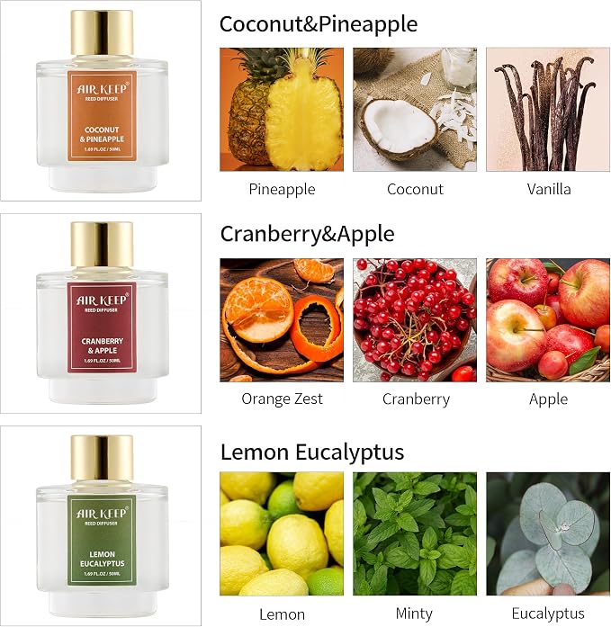 Reed Diffuser Set of 3, Coconut Pineapple Lemon Eucalyptus Cranberry Apple Oil Reed Diffusers for Bedroom Living Room Office