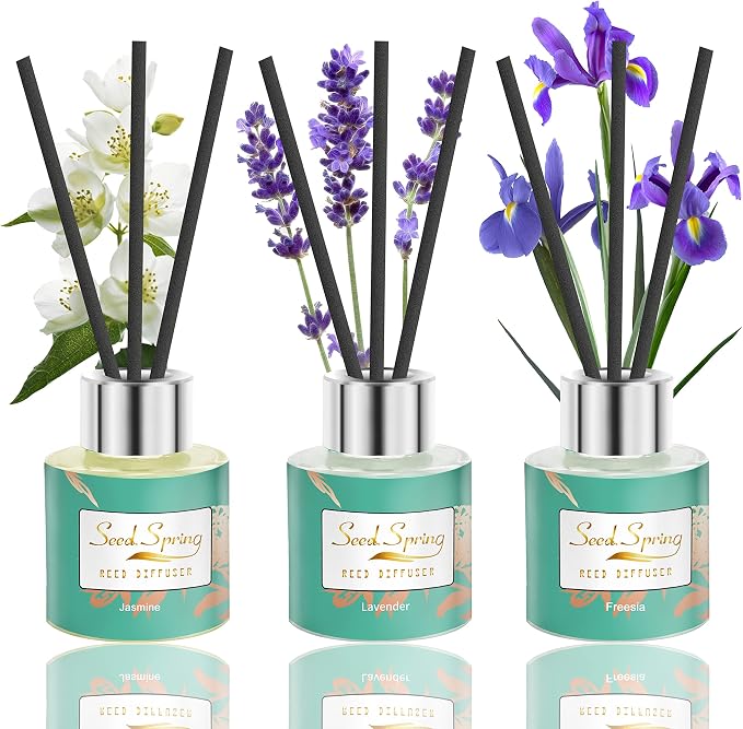 Reed Diffuser Set of 3, Lavender Jasmine Freesia Oil Scent Diffuser Sticks Office Home Fragrance Products 1.7oz x 3, product