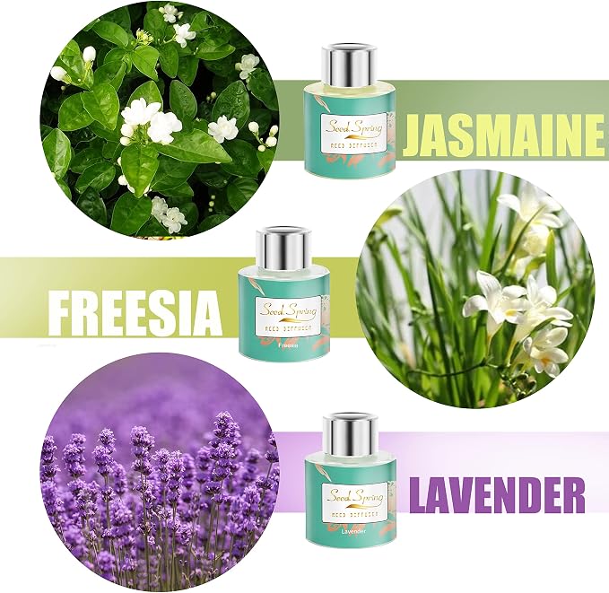 Reed Diffuser Set of 3, Lavender Jasmine Freesia Oil Scent Diffuser Sticks Office Home Fragrance Products 1.7oz x 3