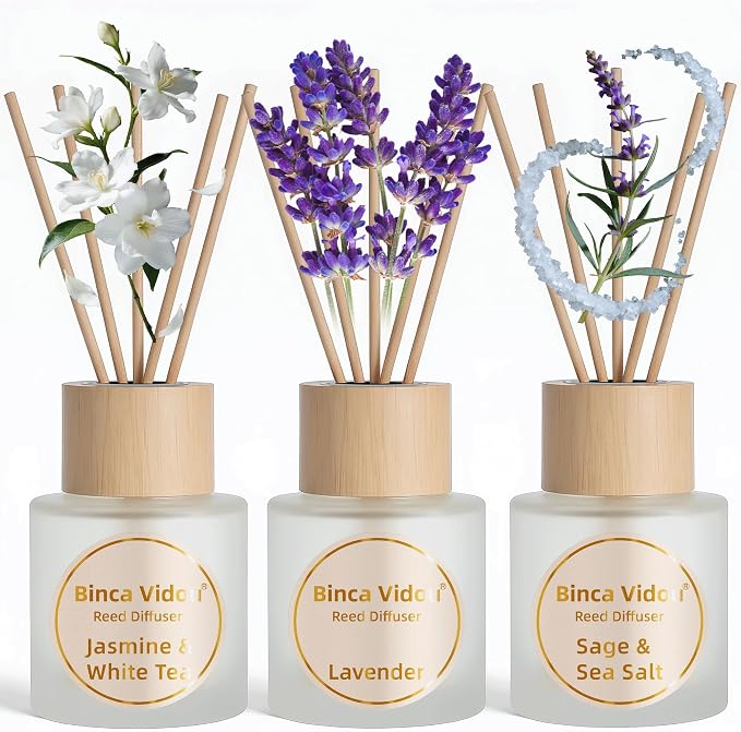 Reed Diffuser Set of 3, Lavender, Jasmine & White Tea, Sage & Sea Salt Natural Scent Oil Diffusers with Sticks for Home